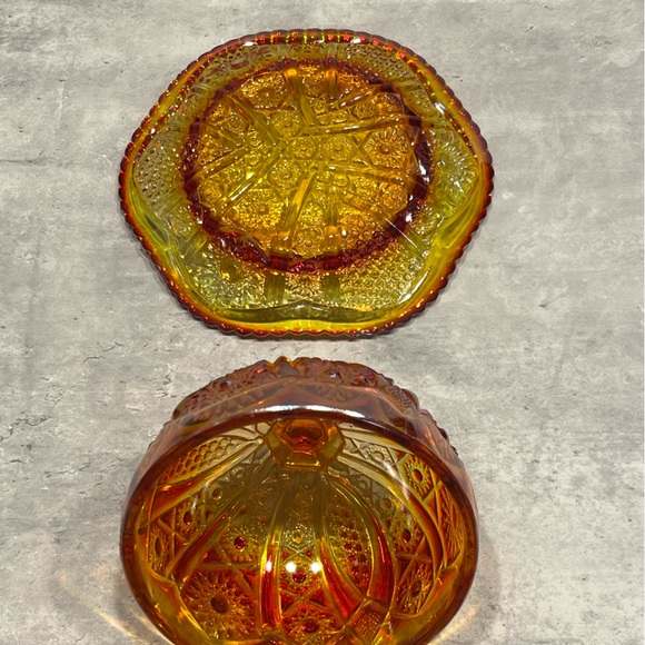 Indiana Glass Co. Iridescent Sunset Carnival Glass Round Butter Dish orange - Picture 6 of 14